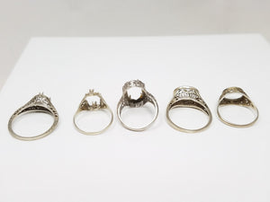 Five 1930's 14k White Gold Filigree Ring Mounts To Restore