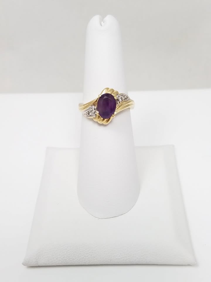 Exciting 10k Yellow Gold Natural Amethyst Diamond Bypass Ring