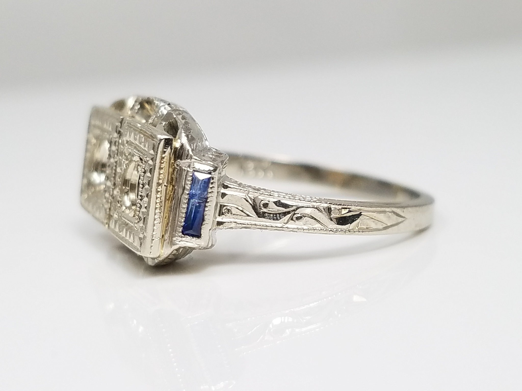 Opulent 1930's Art Deco 18k White Gold Synthetic Sapphire Engagement Ring Mount To Restore