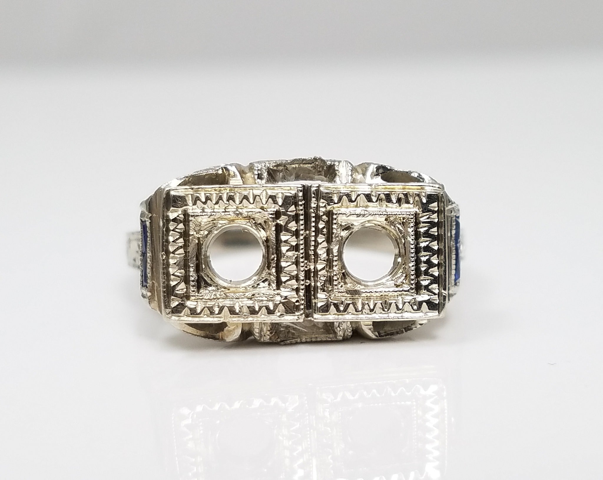 Opulent 1930's Art Deco 18k White Gold Synthetic Sapphire Engagement Ring Mount To Restore