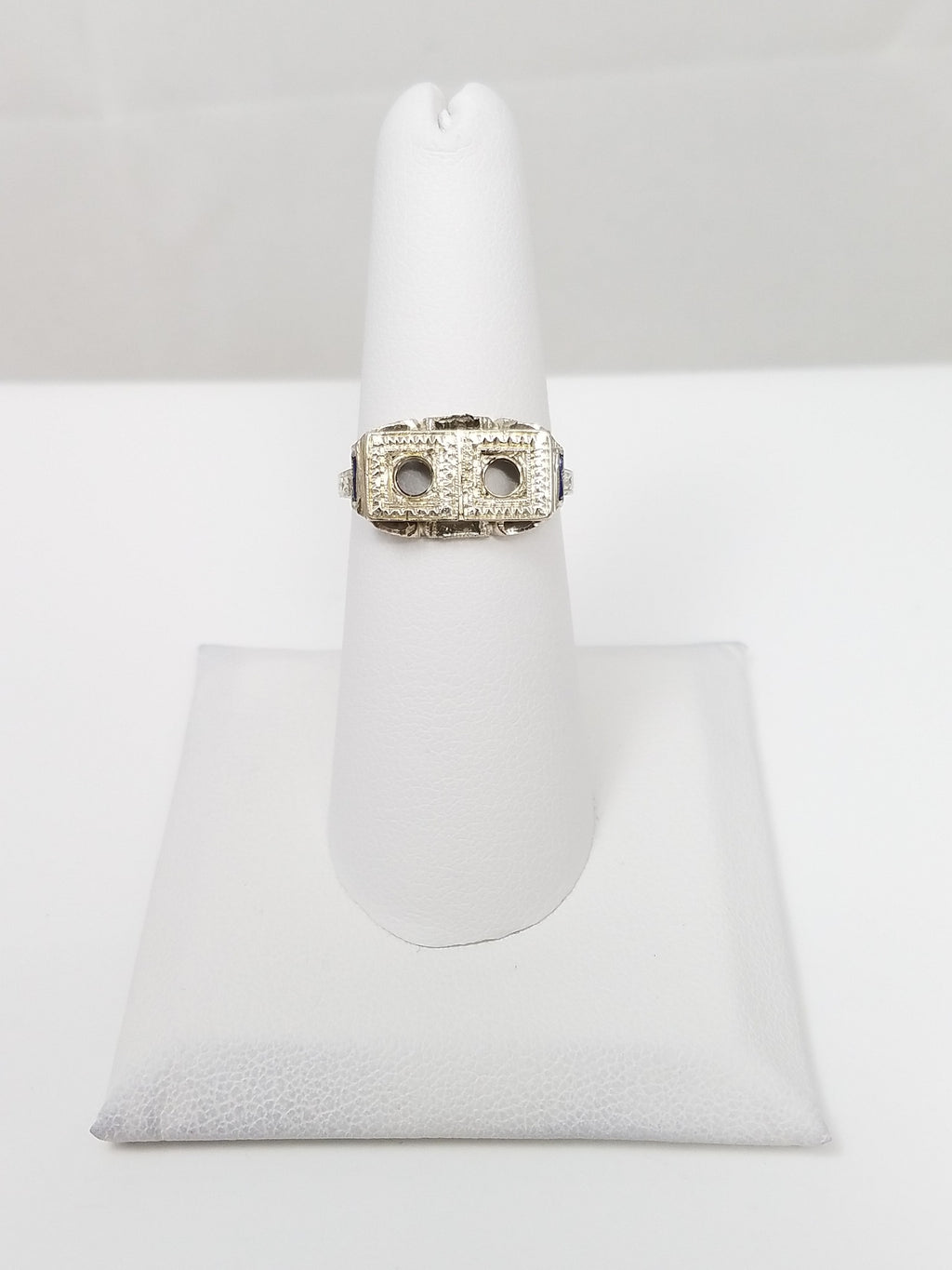 Opulent 1930's Art Deco 18k White Gold Synthetic Sapphire Engagement Ring Mount To Restore