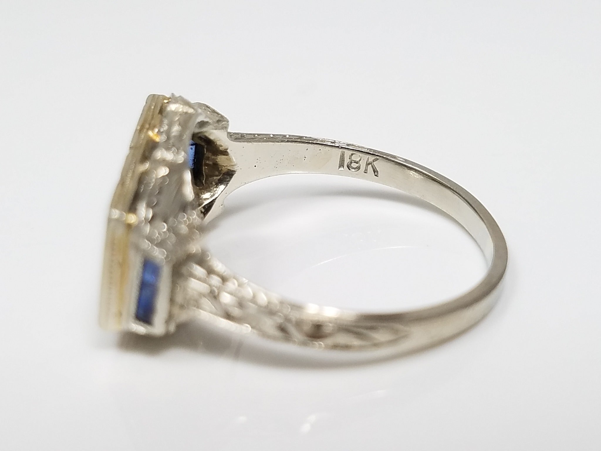 Opulent 1930's Art Deco 18k White Gold Synthetic Sapphire Engagement Ring Mount To Restore