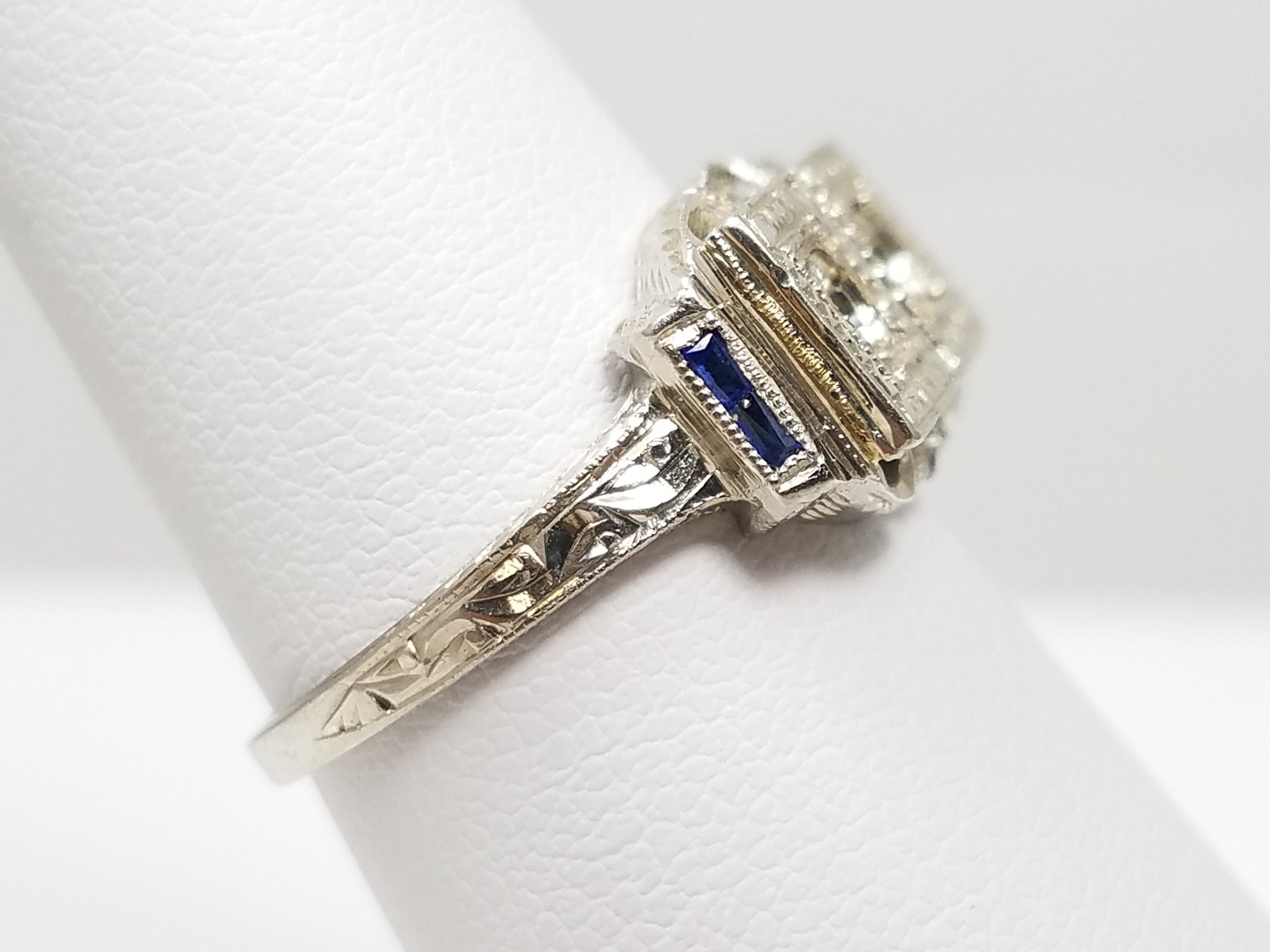 Opulent 1930's Art Deco 18k White Gold Synthetic Sapphire Engagement Ring Mount To Restore