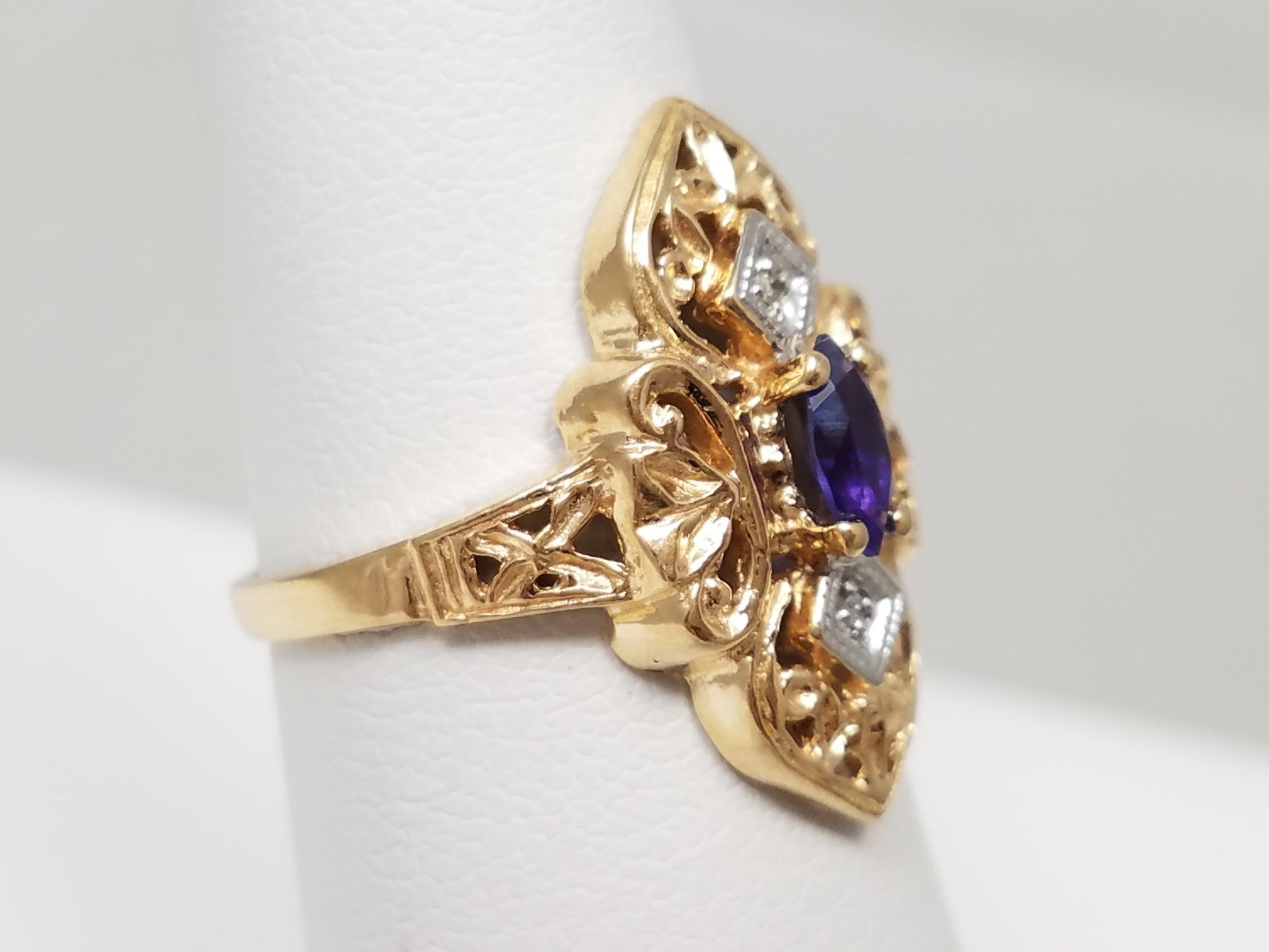 Vintage Inspired 10k Two Tone Gold Lab Sapphire Natural Diamond Ring