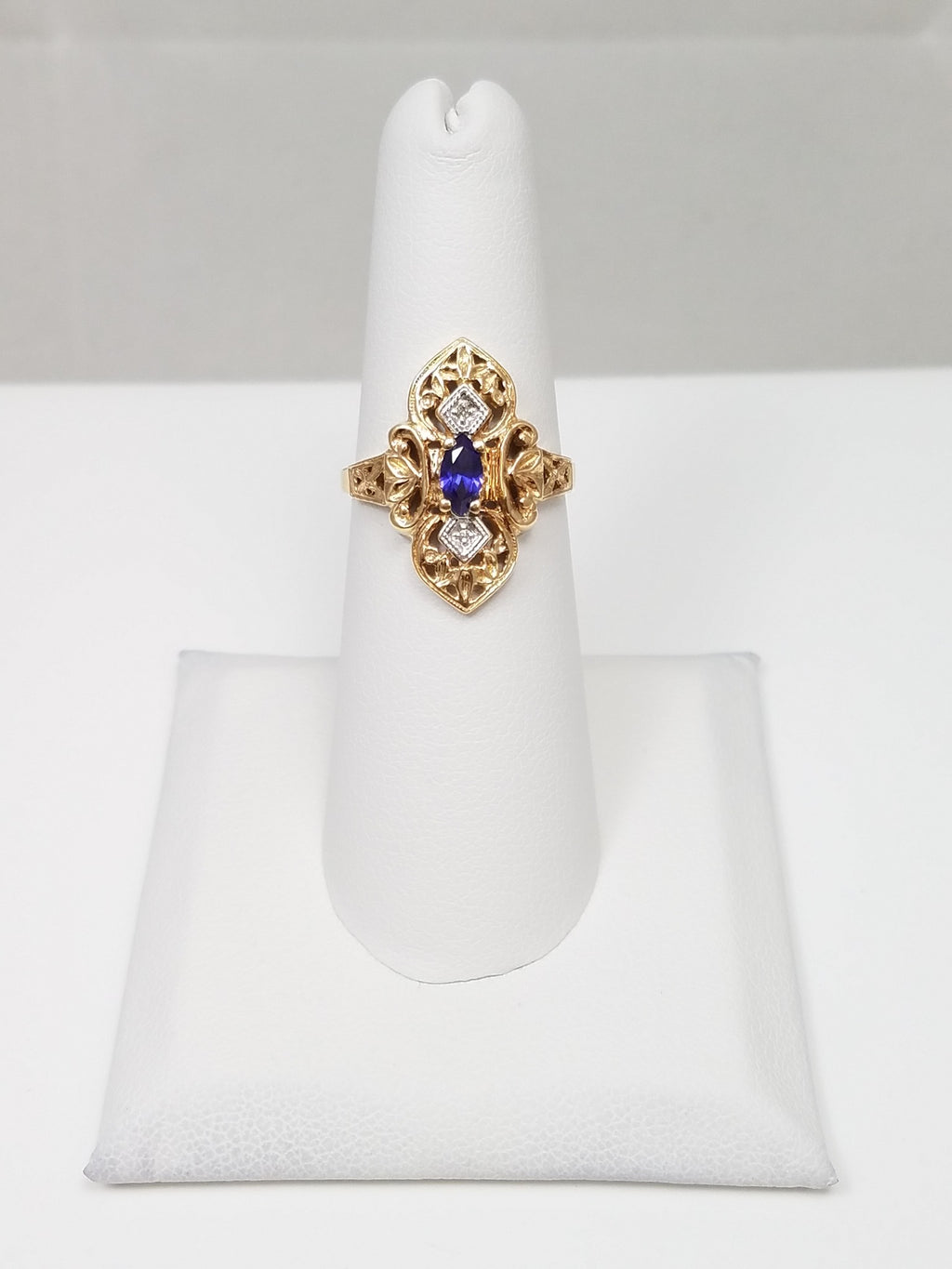 Vintage Inspired 10k Two Tone Gold Lab Sapphire Natural Diamond Ring