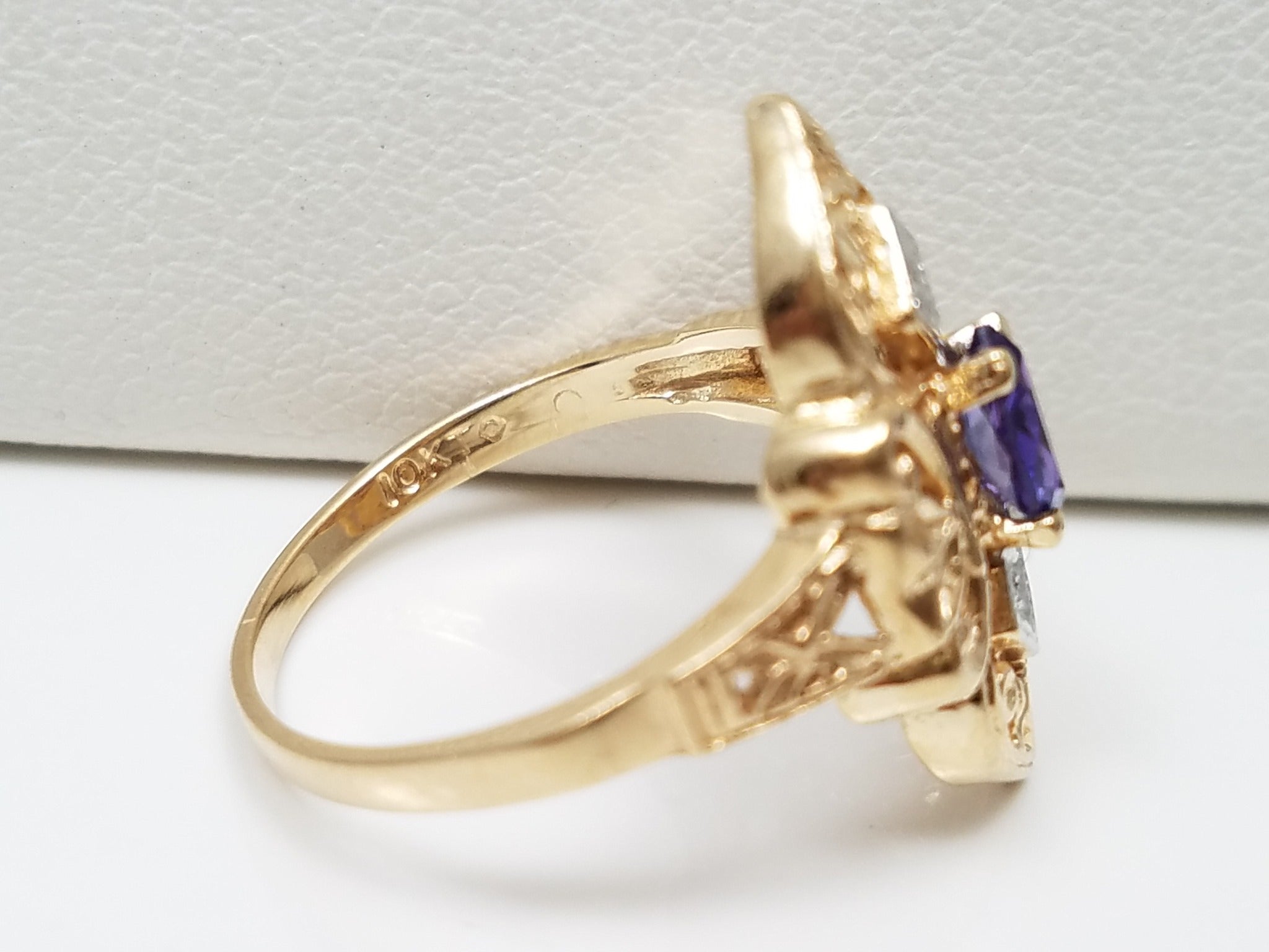 Vintage Inspired 10k Two Tone Gold Lab Sapphire Natural Diamond Ring