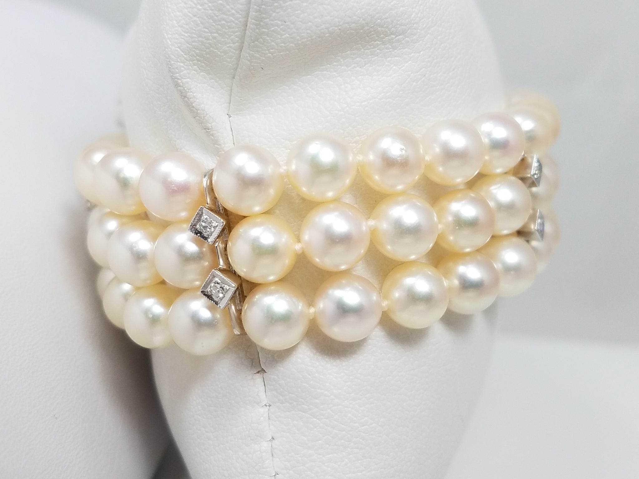 Classy 7" Ladies 14k White Gold Cultured Pearl Natural Diamond Bracelet