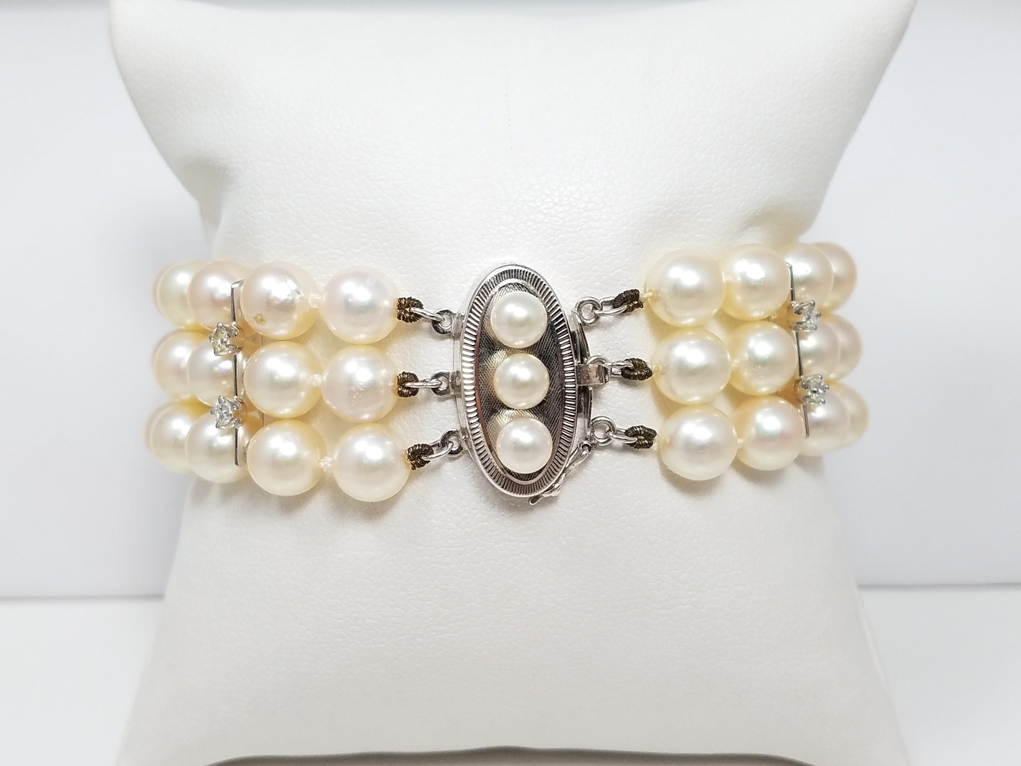 Classy 7" Ladies 14k White Gold Cultured Pearl Natural Diamond Bracelet