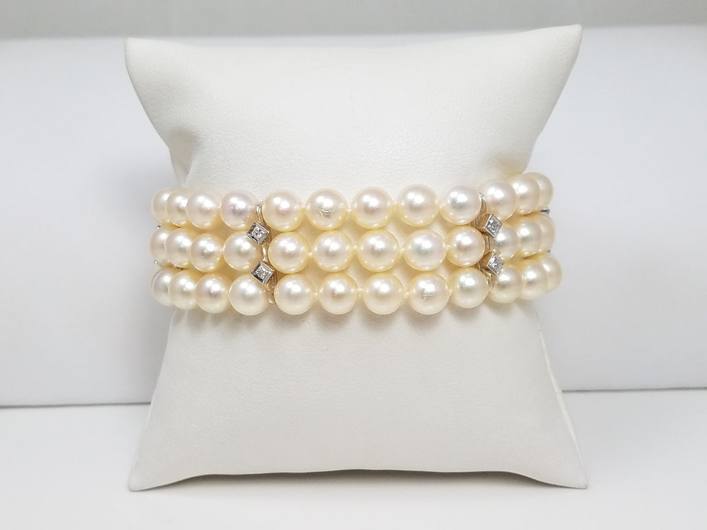 Classy 7" Ladies 14k White Gold Cultured Pearl Natural Diamond Bracelet