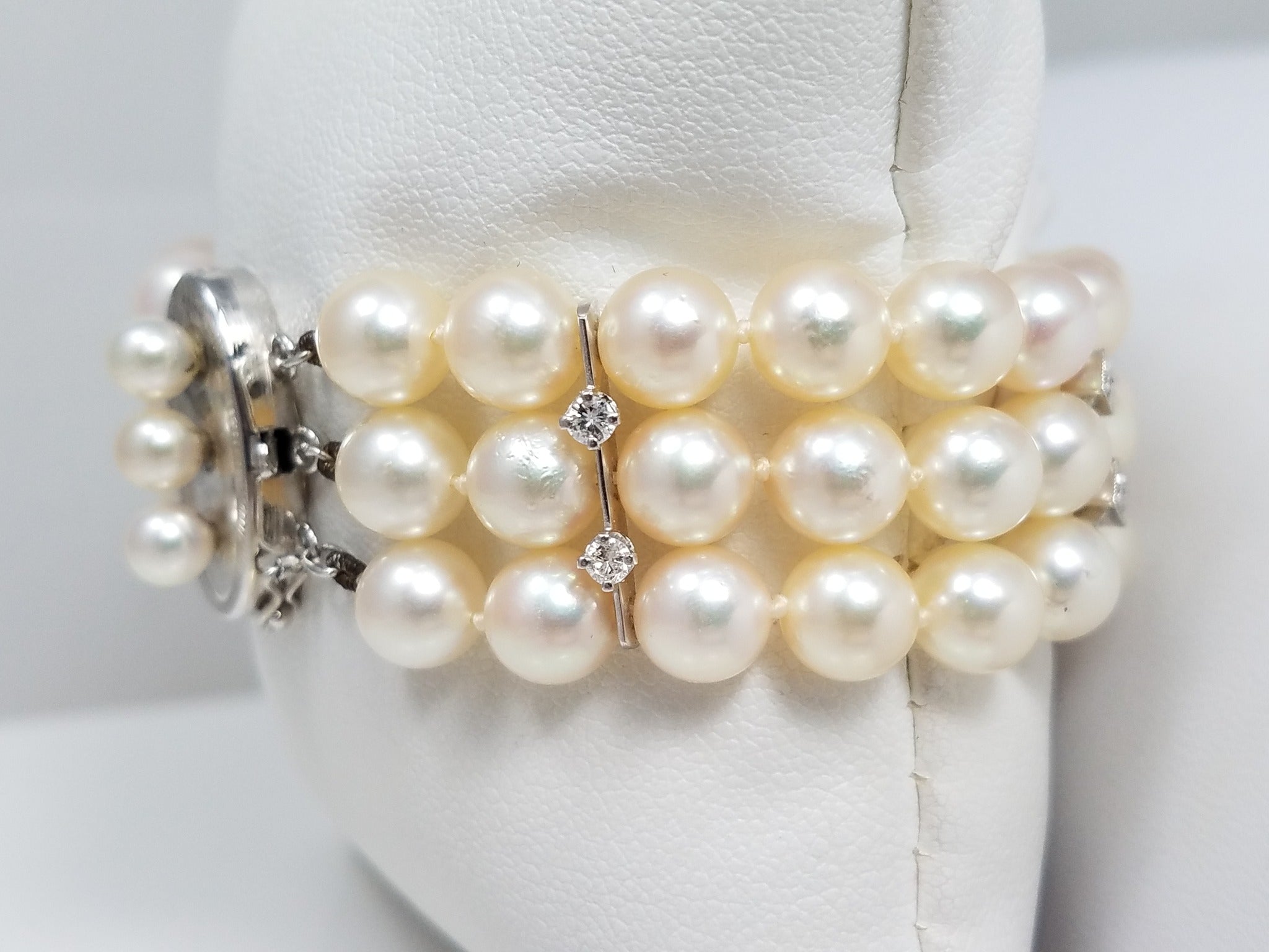 Classy 7" Ladies 14k White Gold Cultured Pearl Natural Diamond Bracelet
