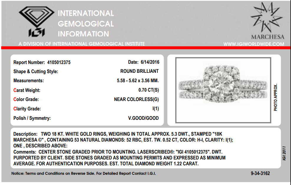 Luxurious 18k White Gold IGI Certified Natural Diamond Engagement Ring Set