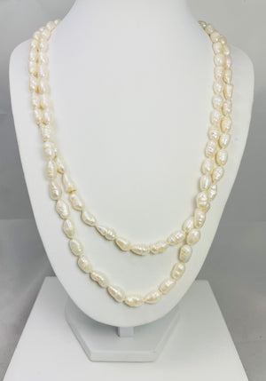 21" 14k Yellow Gold Diamond Double Strand Freshwater Pearl Necklace