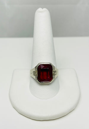 Art Deco 1930's 14k White Gold Synthetic Red Gem Ring