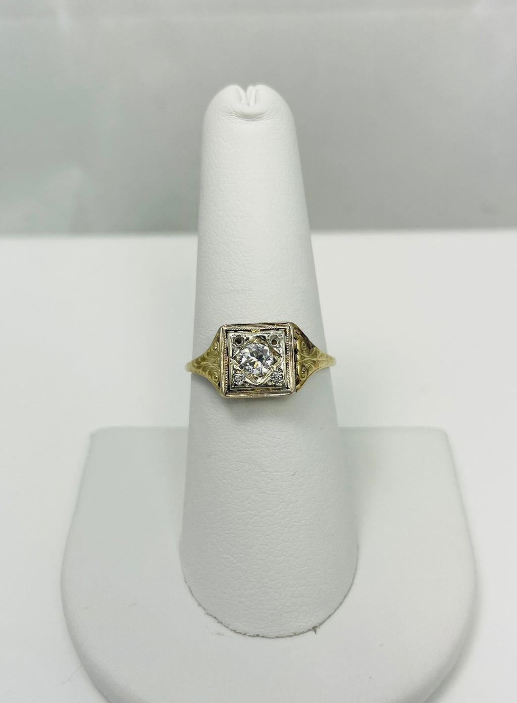 Early 1900s 14k Two Tone Gold European Diamond Engagement Ring
