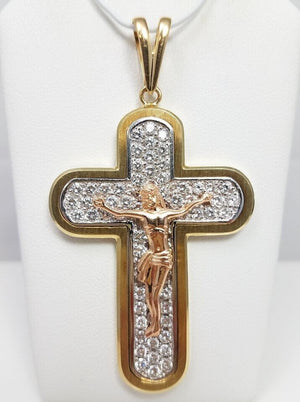 Large 14k Two Tone Solid Gold CZ Cross Crucifix Pendant