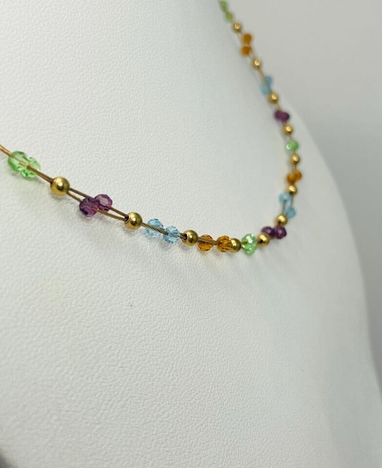 15.75" 14k Solid Gold Cable Necklace With Rainbow Gemstones