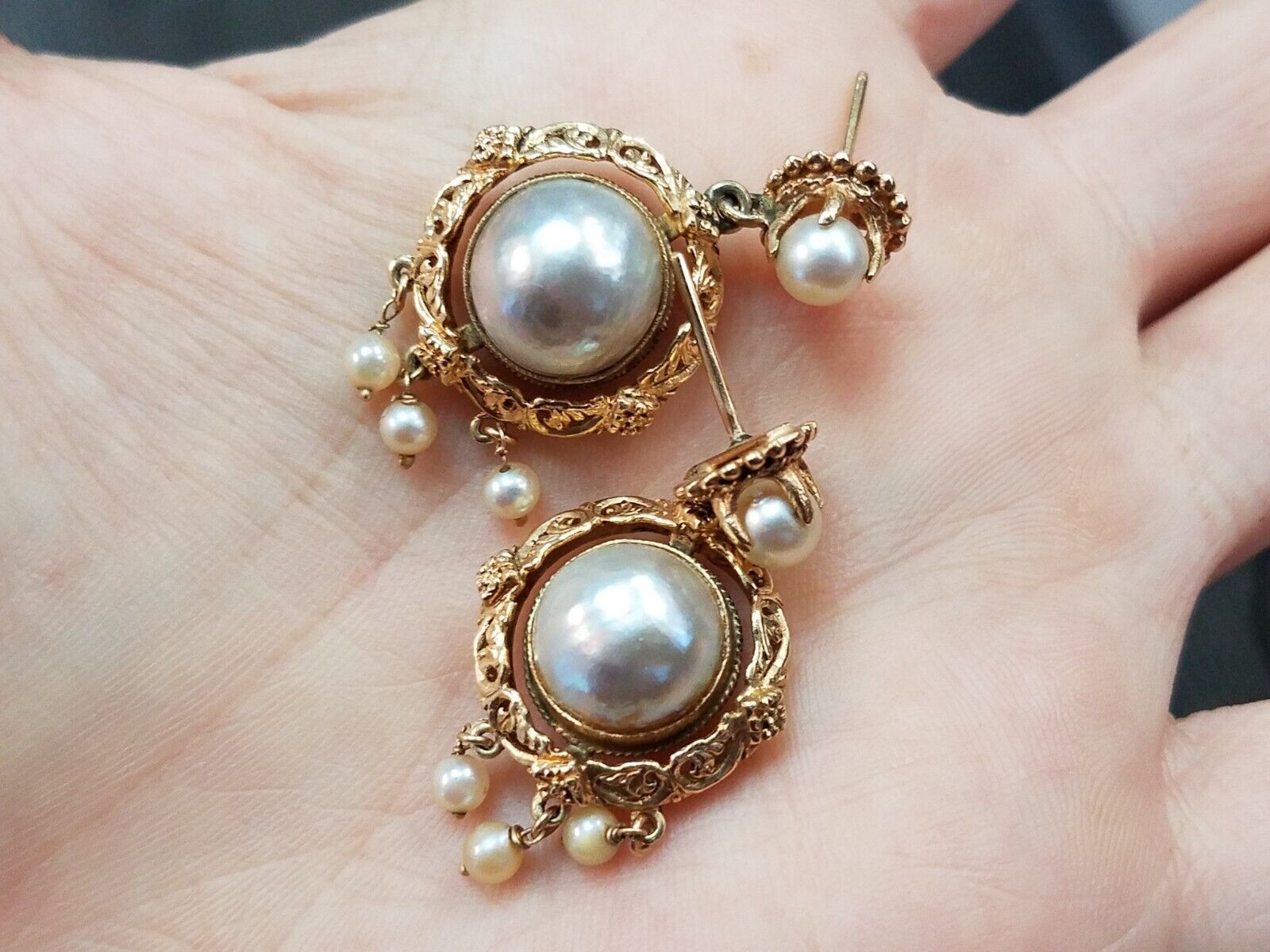 Vintage 14k Yellow Gold Mabe & Cultured Pearl Earrings