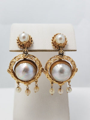 Vintage 14k Yellow Gold Mabe & Cultured Pearl Earrings