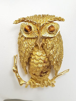 Large Vintage McTeigue 18k Gold Owl Brooch