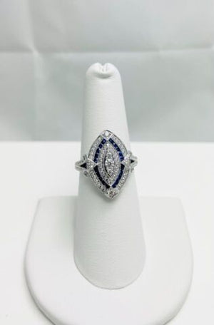 New! Art Deco Style 14k White Gold Natural Sapphire Diamond Ring