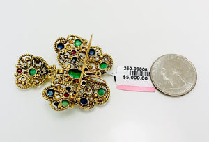 5ctw Vintage 18k Gold Emerald Sapphire Diamond Pendant Brooch