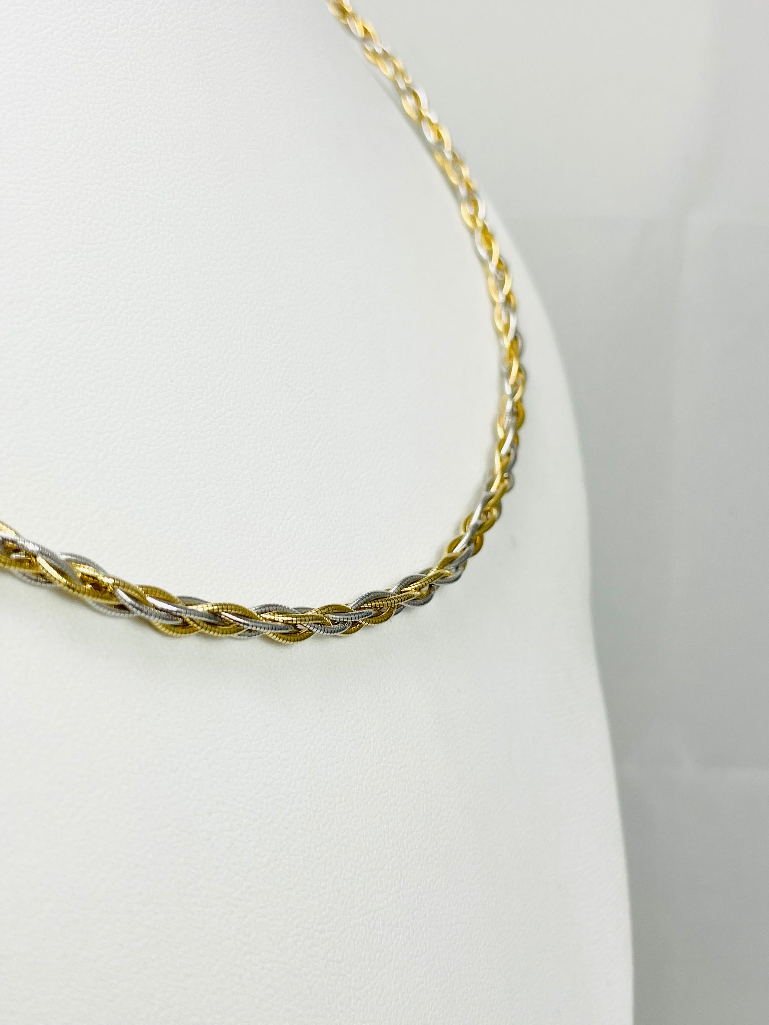 18" 14k Tricolor Braided Gold Semi Rigid Necklace Italy