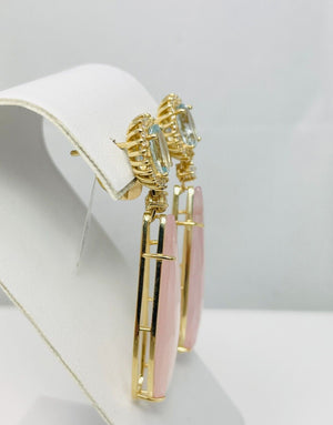 New Sexy Natural Aquamarine Rose Quartz & Diamond 18k Gold Dangle Earrings