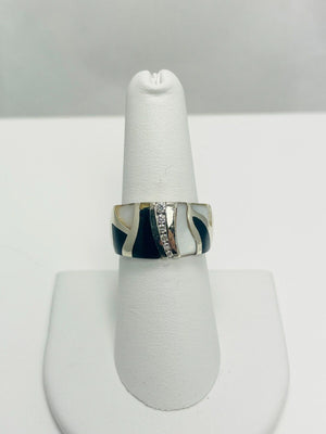14k Solid White Gold Mother of Pearl Onyx Diamond Ring