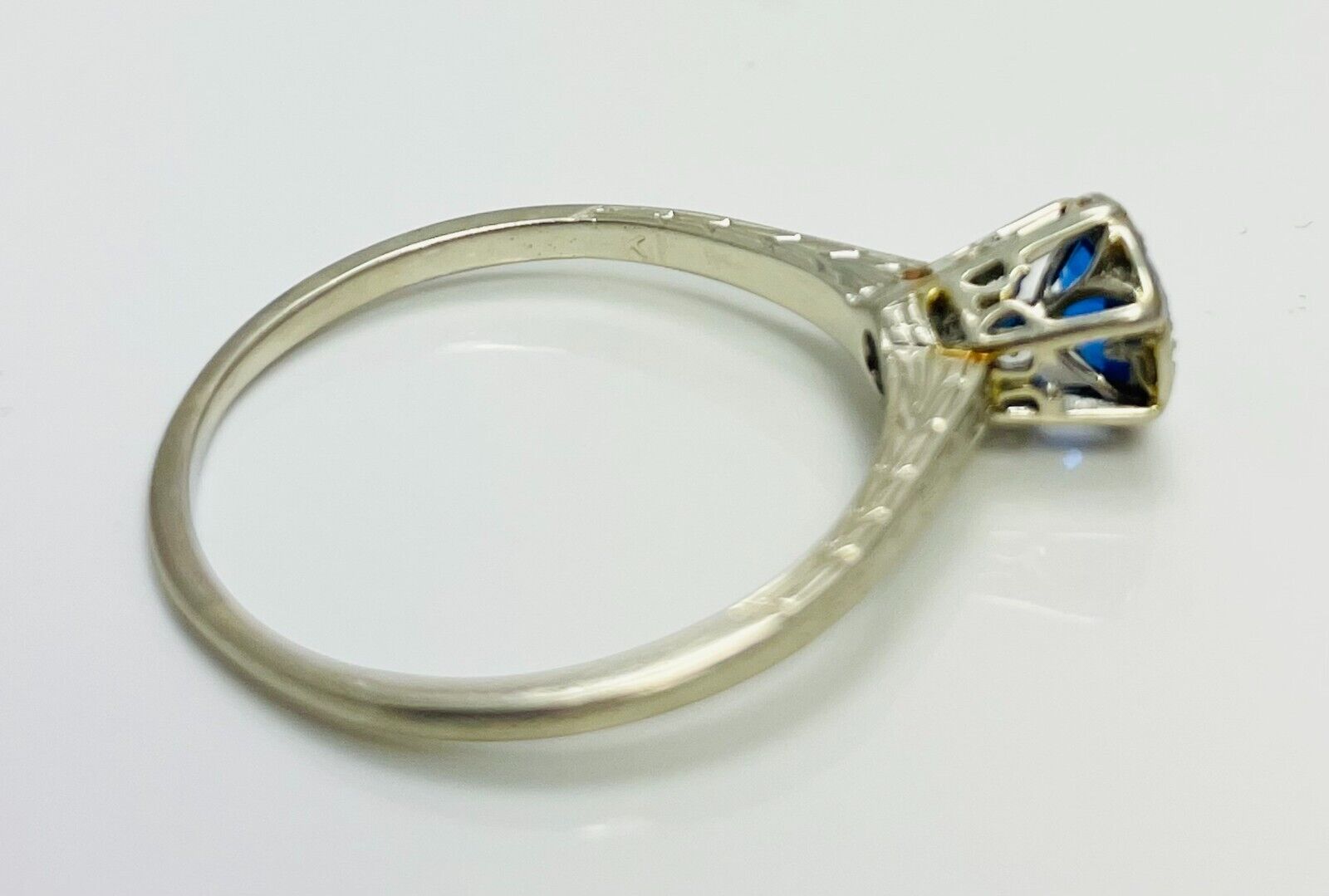 Early 1900's Vibrant Blue Gem 18k White Gold Engagement Ring